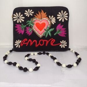 Embroidered Black Clutch with Heart Design